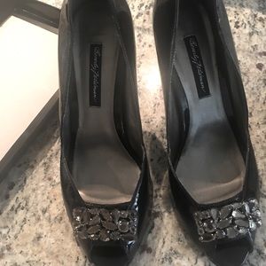 Black patent peep toe heels